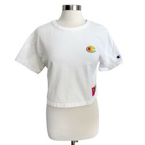 Champion Small Thick White Cotton Cropped Neon Logo Basic T-Shirt